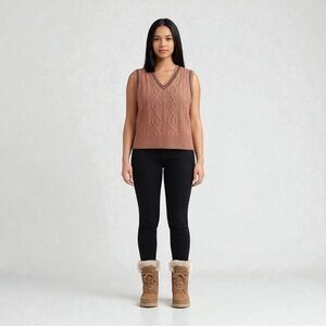 SHEIN Cable Knit Sweater Vest | Brown V-Neck Knit Top | Size Small | Cozy Fall